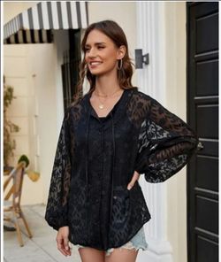 Oversized Sheer  Lacy Button -Up Blouse XL