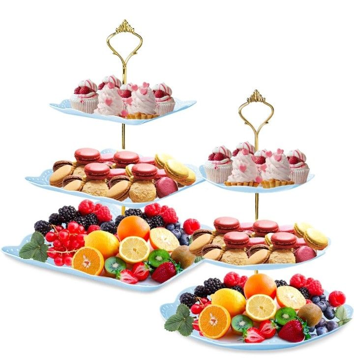 2-Tier Dessert Stand - Mini Cakes & Fruit Display Tower - Lollipop & Cookie Stand - Blue