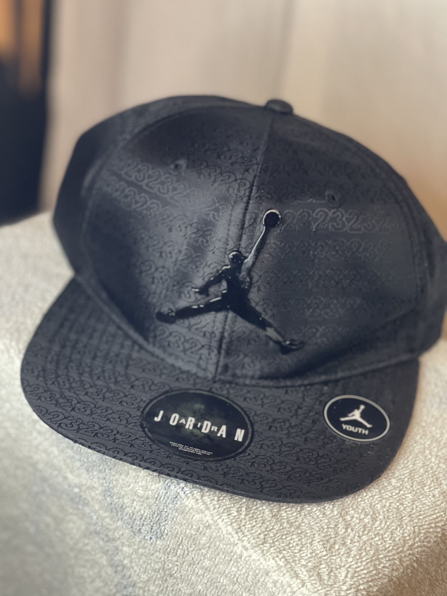 Air Jordan Snapback Youth Black on Black Metal Logo AOP 23 Design