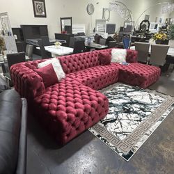 Elegant Red Velvet Double Chaise Sectional
