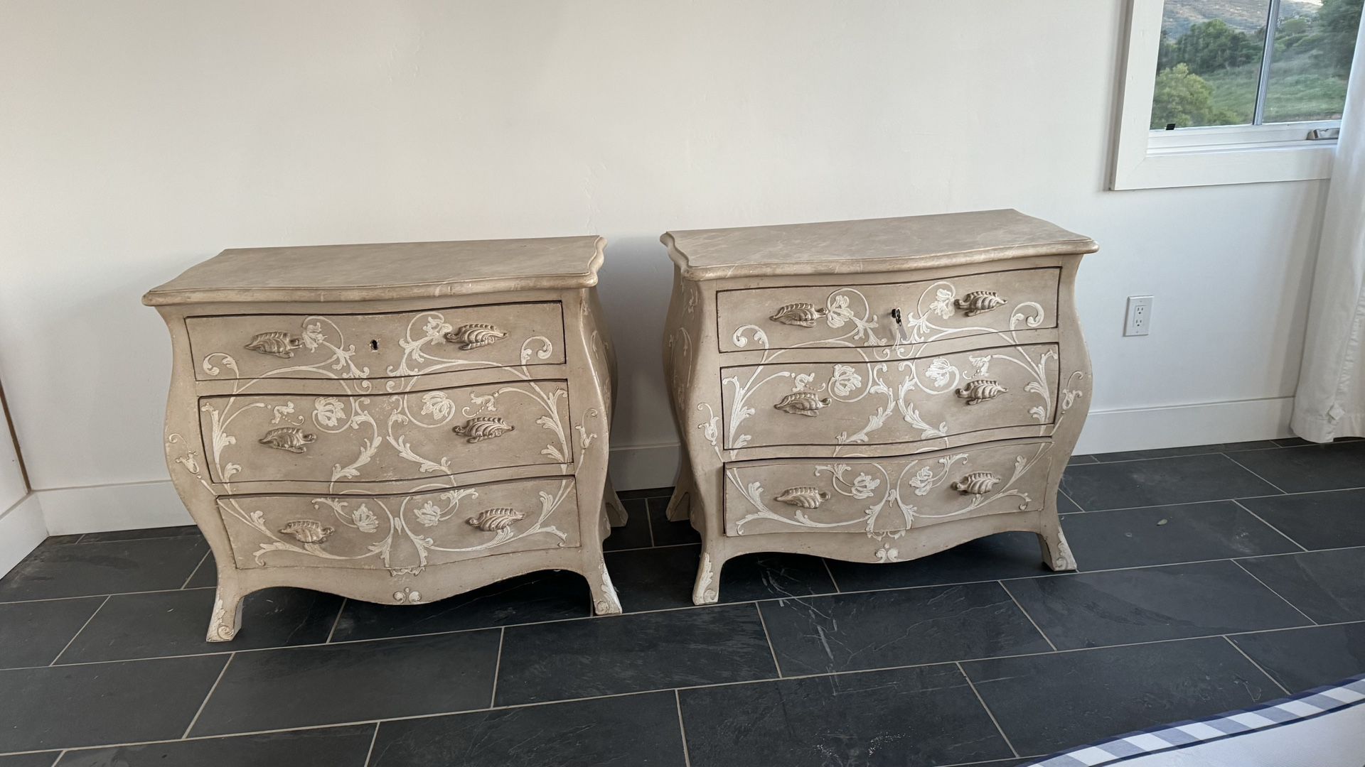 Two Unique Matching Wood Dressers with Floral Detail