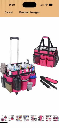 Rolling Cleaning Caddy Bag with Telescopic Trolley Handle Pink