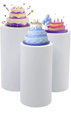 3 cylindrical pedestal stands, cylindrical display stands, white cake pedestals