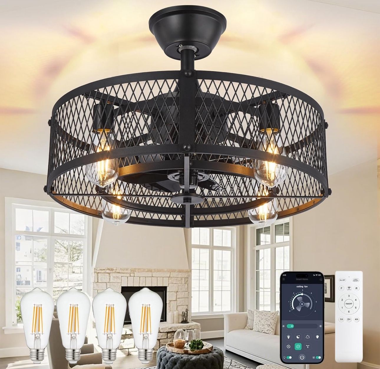 Caged Ceiling Fan with Light: 20" Farmhouse Fandelier with Light and Remote - Black Rustic Chandelie