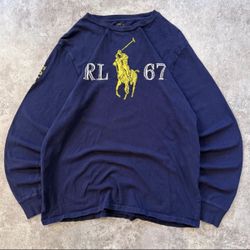 Vintage 2000's Beautiful Navy Blue and Yellow Polo Ralph Lauren 67 Long-sleeve   - ﻿Size: X-Large  Measurements pictured!!