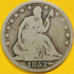 1853 U.S. SEATED LIBERTY SILVER HALF DOLLAR 50c COIN (VG-Very Good)
