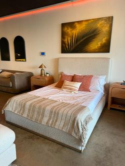 RH-Inspired Bed | Boucle Platform | Wood Trim