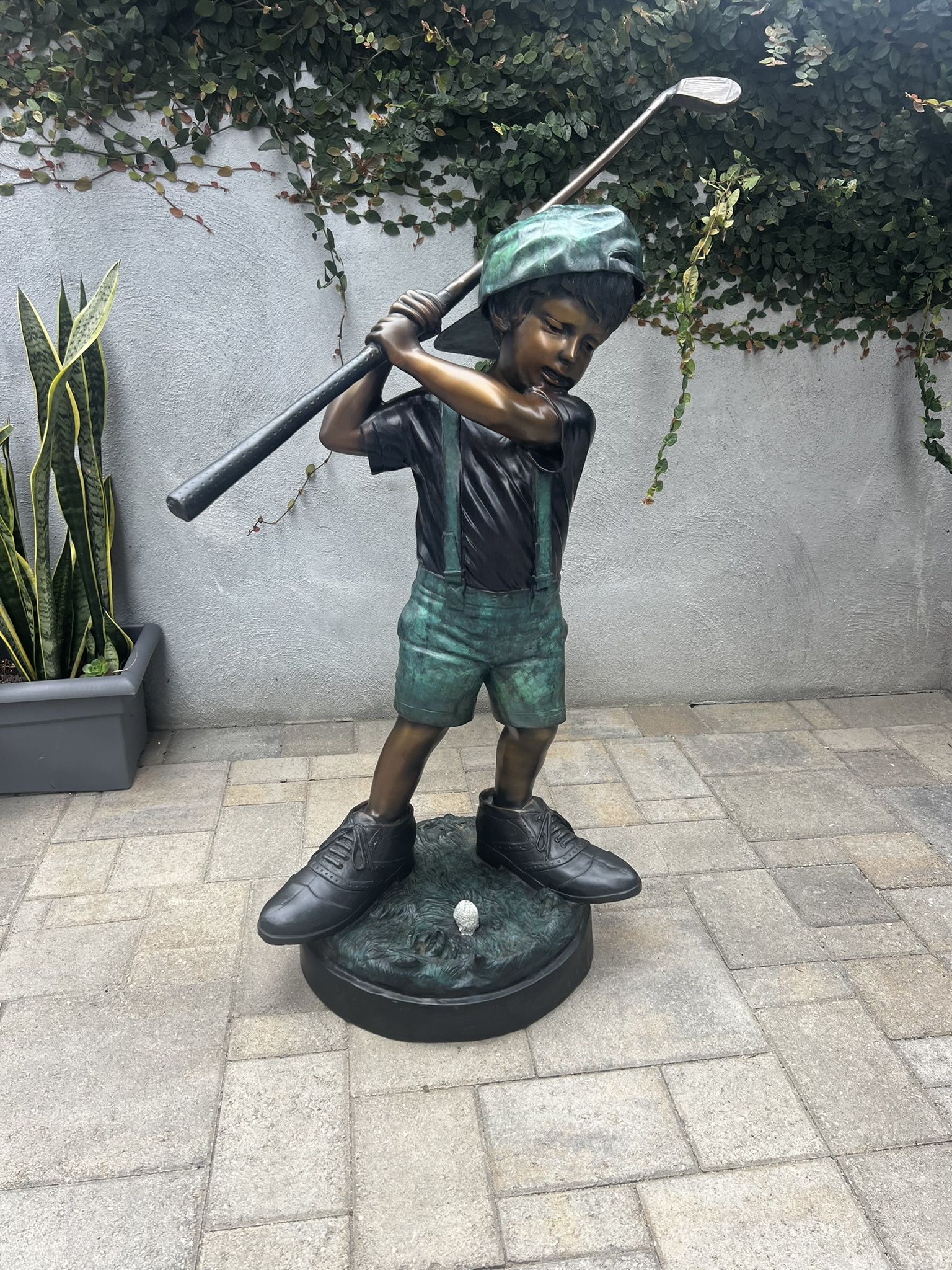 Bronze statue “lost Wax” Boy Golfer In Dad's Shoes, Hat And Club