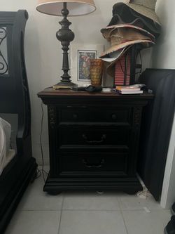 Black Wood Nightstand with Three Drawers