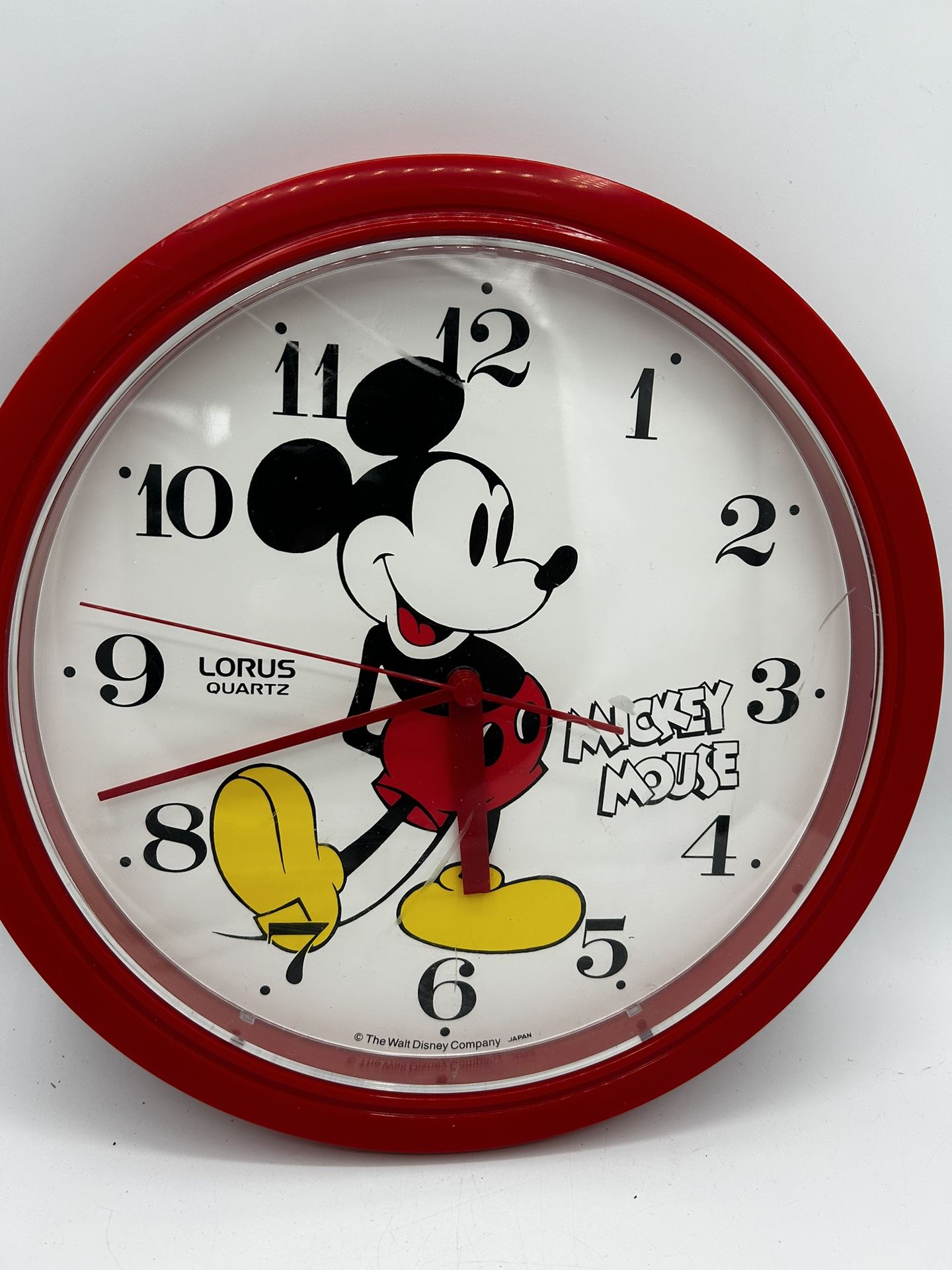 VINTAGE DISNEY MICKEY MOUSE Wall Clock Lorus Quartz RED Plastic 10" Japan Works