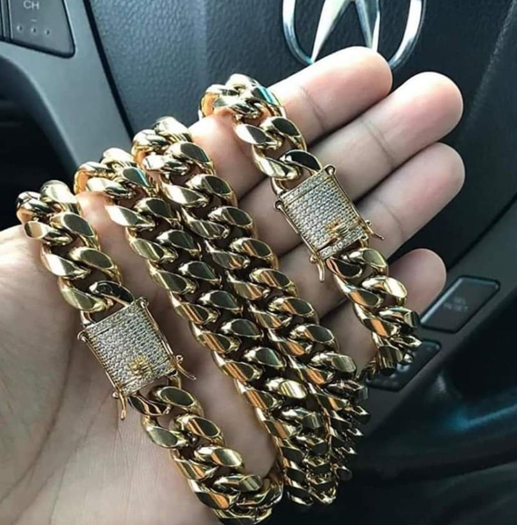 12MM Diamond Lock Cuban Link Set 14K Gold Plated Doesn't Loses Color