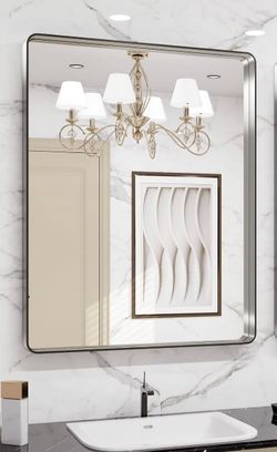 New 24X30 Inch Brushed Nickel Bathroom Mirror, Rounded Rectangle