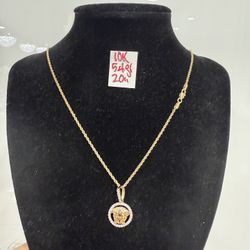 10K Solid Gold Rope Chain and Pendant CUBIC ZIRCONIUM STONES 5.4Gr 20 Inches Long 
