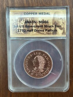1792 Half Disme Copper Medal Anacs Ms66