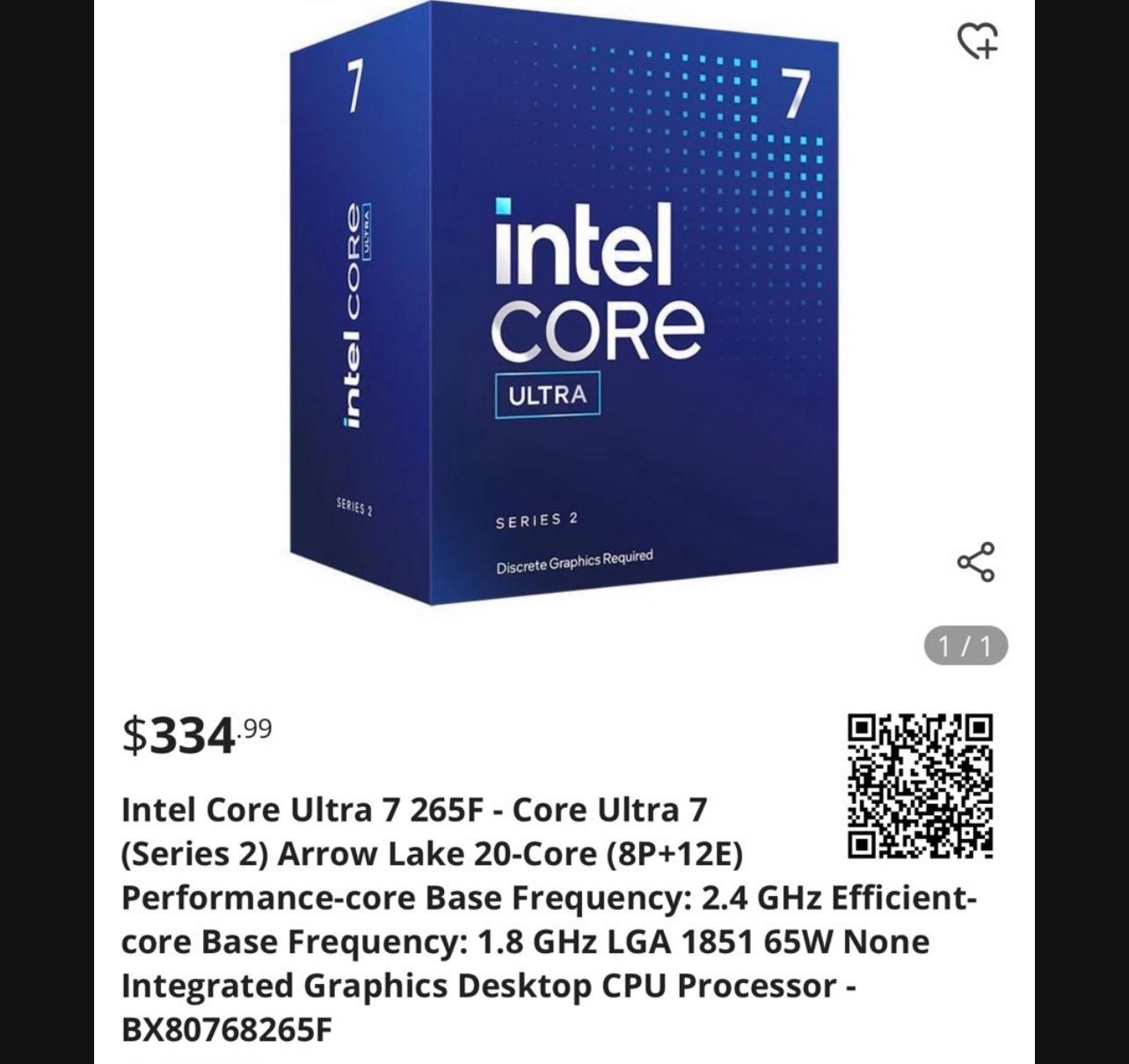 Intel Core Ultra 7 265f CPU 20 Core
