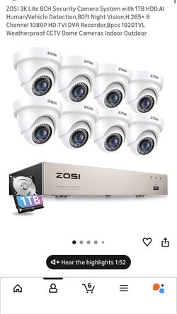 ZOSI 3K Lite 8CH Security Camera System with 1TB HDD,AI Human/Vehicle Detection,80ft Night Vision,H.