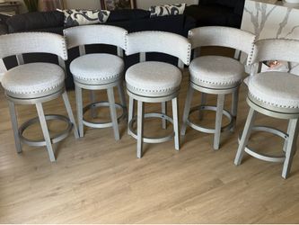 Set of 5 Grey Swivel Bar Stools with Nailhead Trim