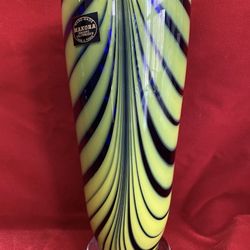 COBALT Yellow & Blue Hand Made MAKORA KROSNO J POPIELUSZKI 92 ART GLASS VASE 10”