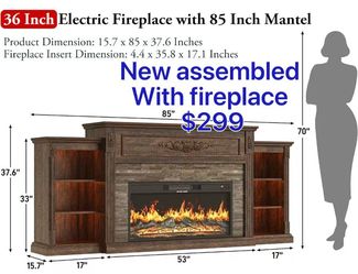 😀 85" Electric Fireplace with Mantel, Farmhouse TV Stand with 36" Fireplace for TVs Up to 95 Inch, 37.6" Tall Entertainment Center with Charging Stat