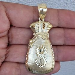 Solid 10k yellow gold Money Bag Pendant charm 2.50 inch long diamond cut