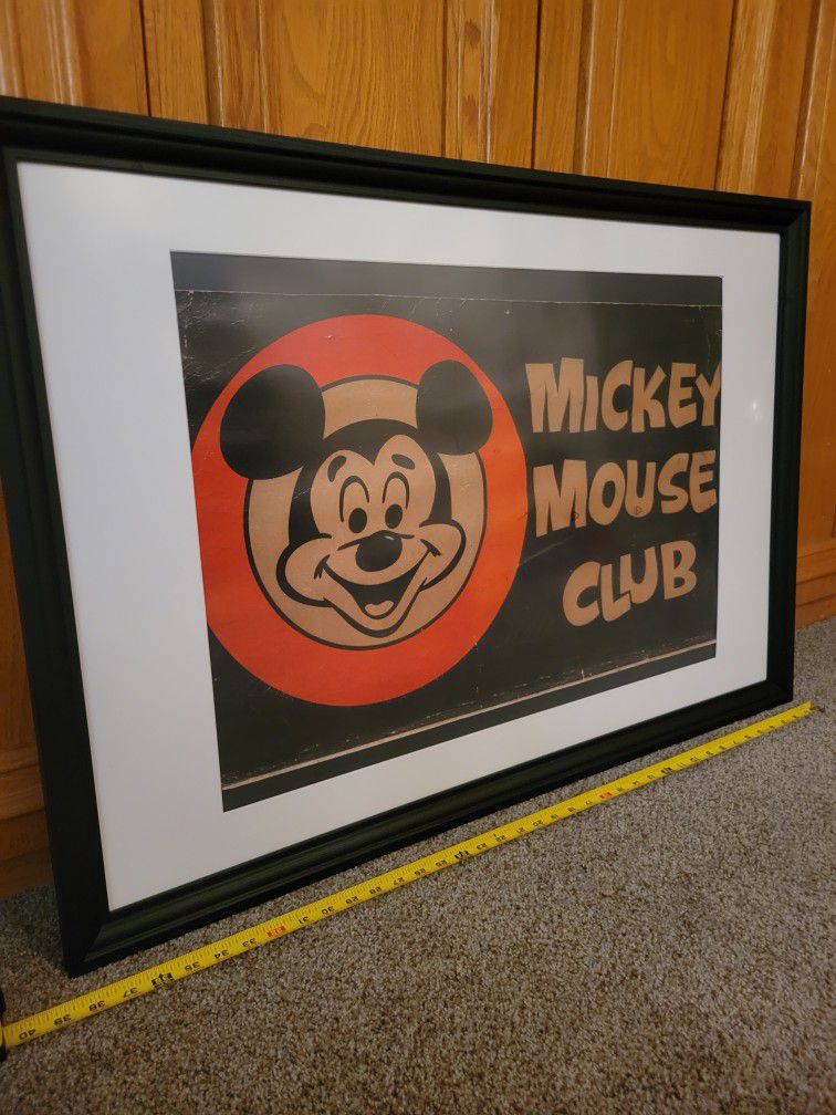1930s MICKEY MOUSE CLUB LARGE ANTIQUE SIGN POSTER FRAMED VINTAGE RARE