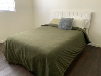 Queen Bed Frame with Storage & White Upholstery