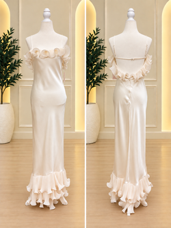 Pearl Satin Ruffle Open-Back Long Dress