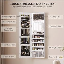 Vlsrka 47.2" LED Jewelry Mirror Cabinet, Wall/Door Mounted Jewelry Armoire Organizer with Full Length Mirror, Large Storage Hanging Cabinet, 4 Drawers