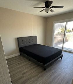 Allewie Queen Size Platform Bed Frame with Fabric Upholstered Headboard, No Box Spring Needed, Dark Grey