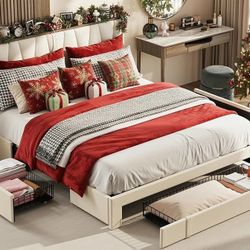 King Size Bed Frame with Storage Headboard and Charging Station, Upholstered Platform Bed with 3 Drawers, No Box Spring Needed, Easy Assemb