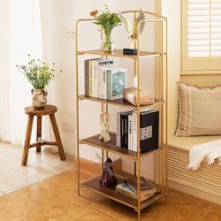 No Assembly Folding Bookshelf, 4 Tier Gold Bookshelf, Metal Book Shelf For Storage, Folding Bookcase For Office Organization And Storage, 12.6 D X 22.