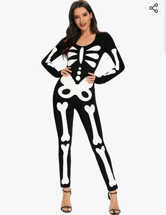 Womens Skeleton Costume Halloween Bodysuit with Glow Patterns Adult Glow in the Dark Skeleton Cosplay Jumpsuit Female