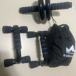 Resistance Bands, Ab Roller And Push Up Bars And Small Weights 