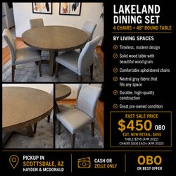 Living Spaces Lakeland Dining Set – Round Table + 4 Upholstered Chairs