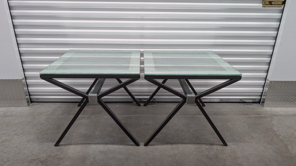 Pair Of Glass Top End Tables w/ Etched Design