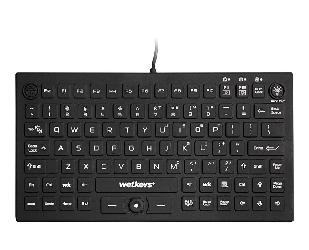 WetKeys Professional-Grade Mid-Size Rigid Silicone Washable Keyboard with Pointing-Device, Backlight and ON-Off Switch (USB) (Black) | KBWKRC89PB-BK