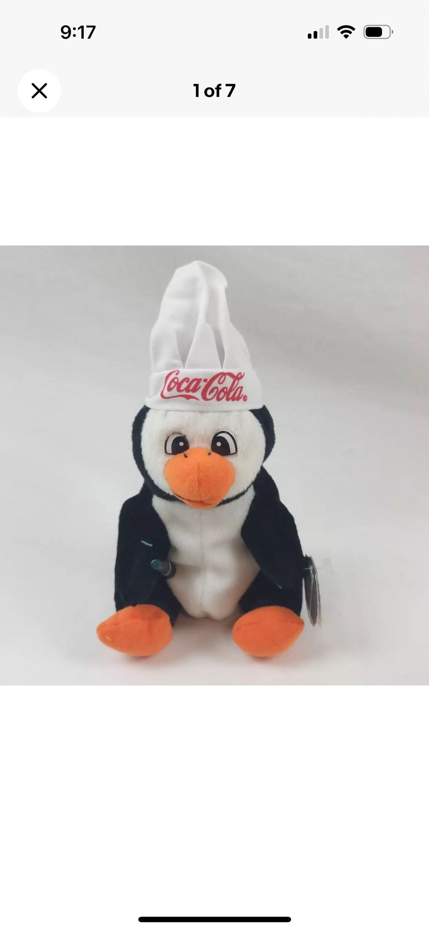 Collectible Coca Cola Bean Bag Plush Penguin in Chef's Hat 1997 With Tags