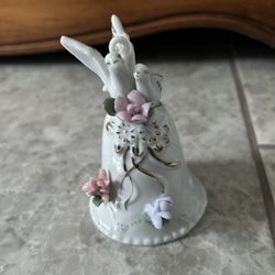 White Ceramic Wedding Bell Trimmed in Gold With Applied Flowers And Two Doves