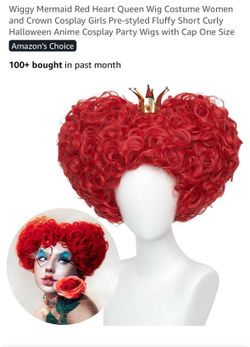 Wiggy Mermaid Red Heart Queen Wig Costume Women and Crown Cosplay Girls Pre-styled Fluffy Short Curly Halloween Anime Cosplay Party Wigs with Cap One 
