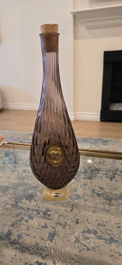 Vintage Hand Blown Venetian Crystal Purple and Gold Decanter With Lion