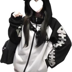 Kawaii Cat Ear Zip Up Hoodie with Detachable Hood Harajuku Sweatshirt Fishbone Print Cute Streetwear Jacket