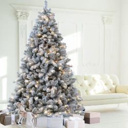 Pre-Lit Flocked Christmas Tree, 6 ft & 7 ft Auto-Hinged