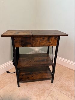 Brown End Table with Charging Station, Fabric Storage Pouch, and Flip Top