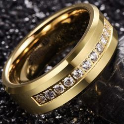 Men’s Titanium 14k Gold Overlay White Saphire Wedding Band