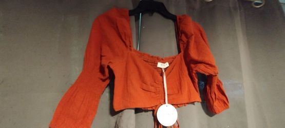 Storia Womens NWT Crop Top Rust Orange Smocked Puff Long Sleeve Ruched Boho
