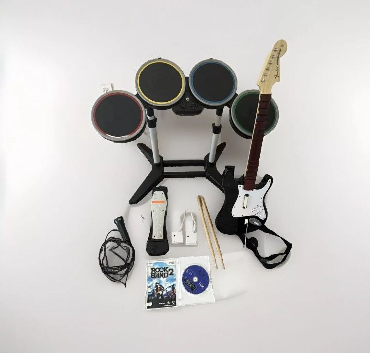 Rock Band 2 Wii Bundle 2 Games Drum Kit Pedal Sticks Mic Guitar READ