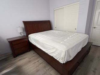 Aspenhome Queen Storage Sleigh Bed + Matching Nightstand + Aireloom Mattress