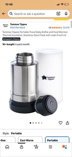 Tommee Tippee Portable Travel Baby Bottle and Food Warmer, Thermal Insulation, Stainless-Steel Flask with Leak-Proof Lid