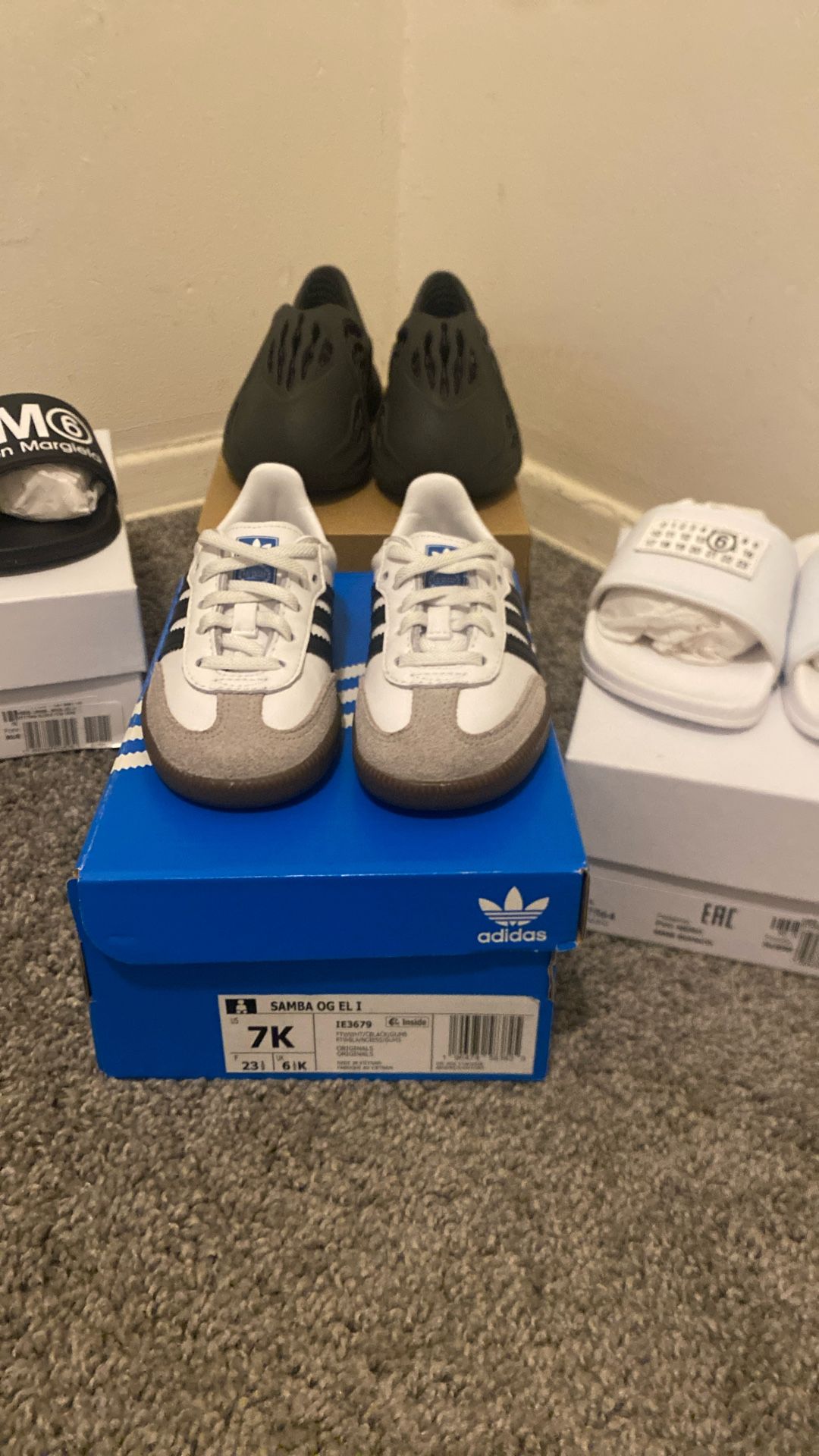 Used in Excellent Condition Size 8c …. Adidas Samba., Yeezy Foam., And Two Pair Of Maison Margiela Price $75