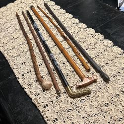 Wood Cane Walking Stick LOT, Carved Snake, Brass Dragon Head, Seashell, Bamboo, Hammer, African Art Face